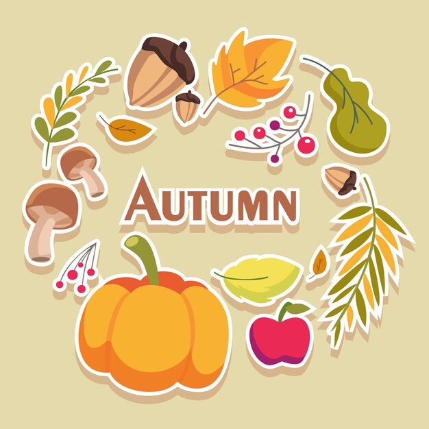 Conjunto de alimentos de otoño Paquete de alimentos y bebidas de temporada Tarros de mermelada de pastel de manzana y calabaza hojas manzanas de caramelo calabaza especias latte símbolos de otoño Ilustración vectorial