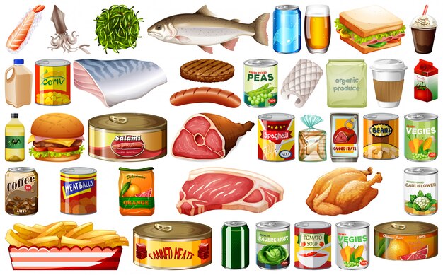 Conjunto de alimentos sobre fondo blanco