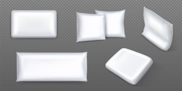 Vector gratuito conjunto de almohadas blancas realistas aisladas sobre fondo transparente ilustración vectorial de maquetas de cojines cuadrados y rectangulares elementos de diseño interior de dormitorio sueño saludable y artículos de confort para dormir