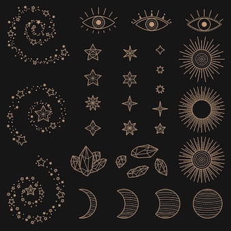 Conjunto de alquimia esotérica mística magia celestial iconos sol luna fases estrellas oro mágico asmr
