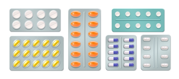 Conjunto de ampollas con píldoras y cápsulas medicinales