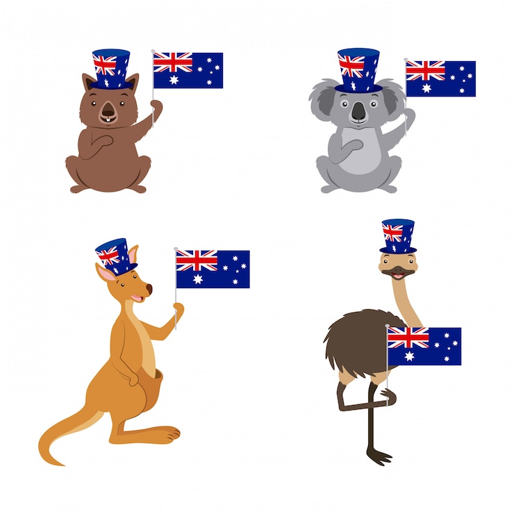 Vector gratuito conjunto de animales de australia con bandera, koala, canguro, avestruz