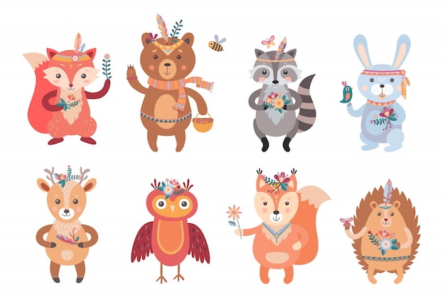 Vector gratuito conjunto de animales boho de dibujos animados