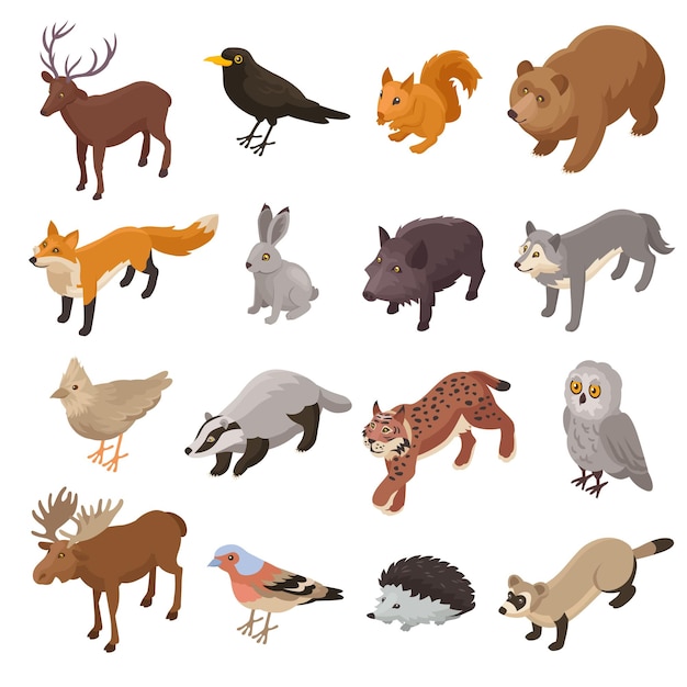 Vector gratuito conjunto de animales del bosque isométrico