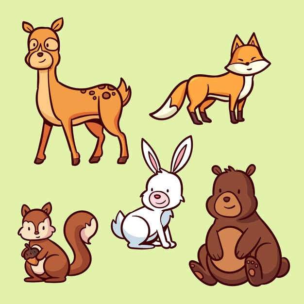 Conjunto de animales bosque otoñal dibujado a mano