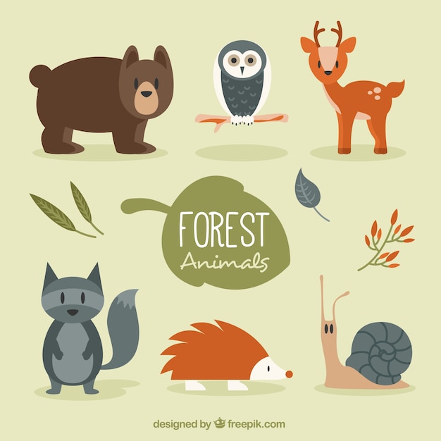 Vector gratuito conjunto de animales del bosque con vegetación