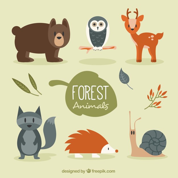 Conjunto de animales del bosque con vegetación