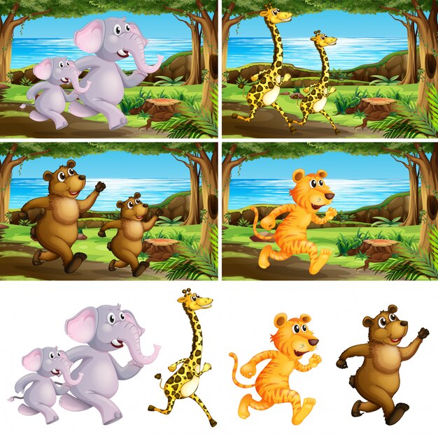Conjunto de animales corriendo en el parque.