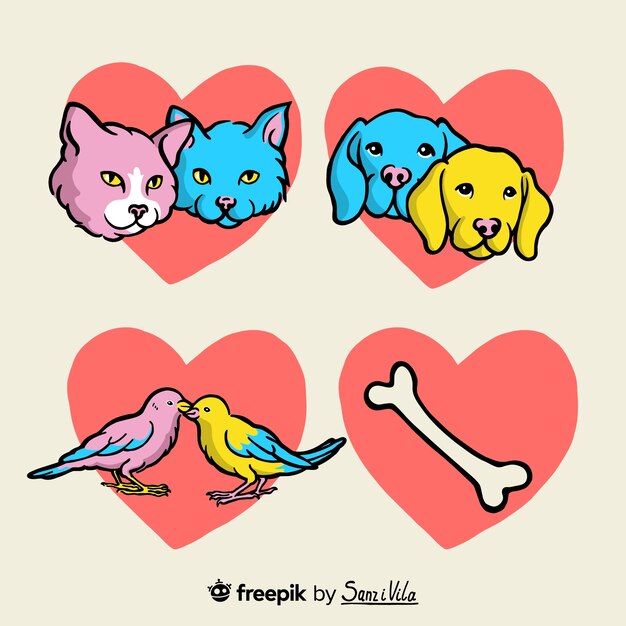 Conjunto de animales dibujados a mano en corazones