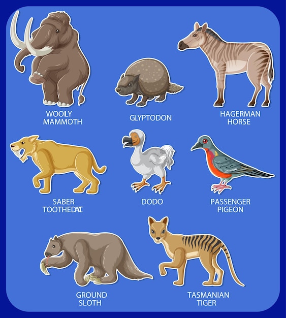 Vector gratuito un conjunto de animales extintos.