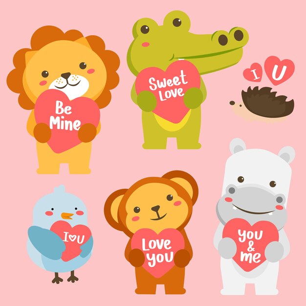 Conjunto de animales felices en estilo de dibujos animados con tarjeta de felicitación de amor. Celebrando el día de San Valentín