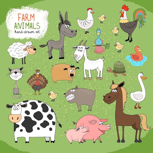 Conjunto de animales de granja y ganado dibujados a mano.