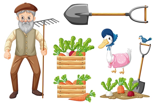 Conjunto de animales de granja y personaje de dibujos animados de granjero