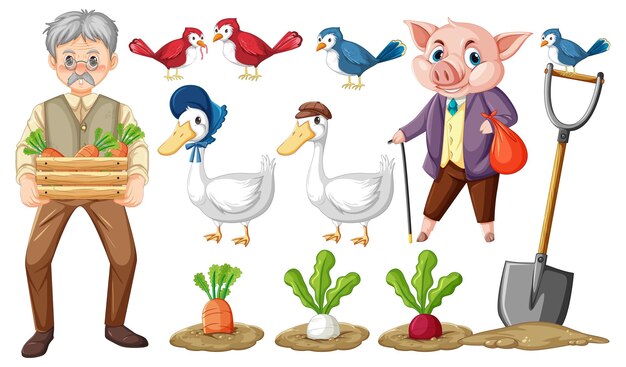 Conjunto de animales de granja y personaje de dibujos animados de granjero