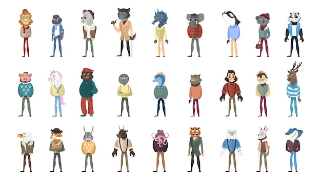 Vector gratuito conjunto de animales humanizados animales salvajes con cuerpo humano en ropa.