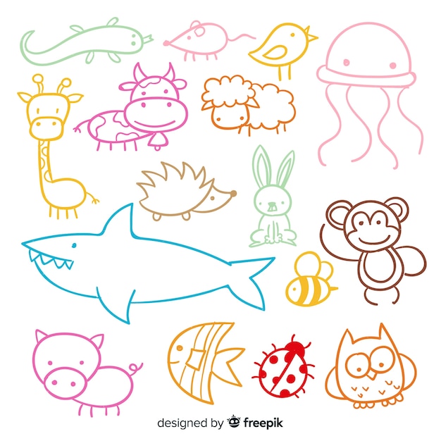 Conjunto de animales lindos dibujados a mano