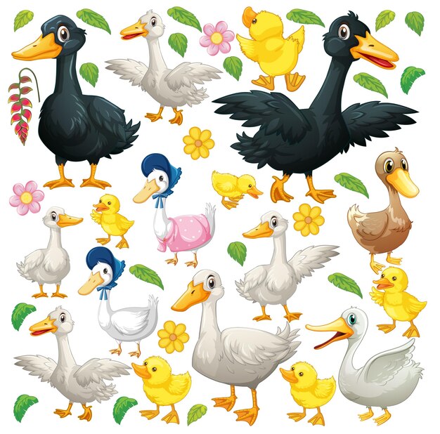 Conjunto de animales lindos sobre fondo blanco.