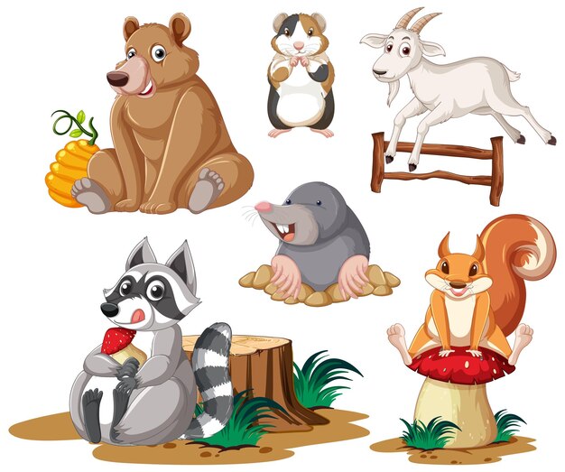 Conjunto de animales lindos sonriendo