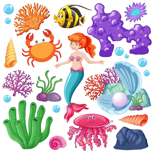 Conjunto de animales marinos y personaje de dibujos animados de sirena en blanco