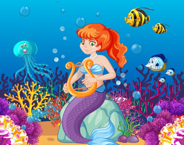 Conjunto de animales marinos y personaje de dibujos animados de sirena en el fondo del mar