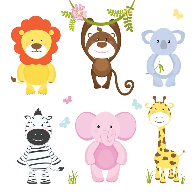 Conjunto de animales salvajes de dibujos animados lindo vector con un mono colgando de una rama león elefante rosa koala oso cebra y jirafa adecuado para ilustraciones de niños aislados en blanco