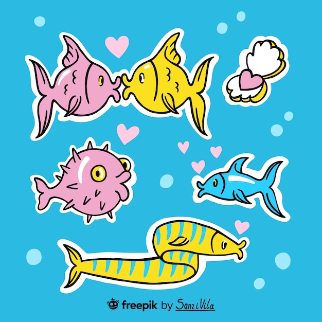 Vector gratuito conjunto de animales submarinos dibujados a mano