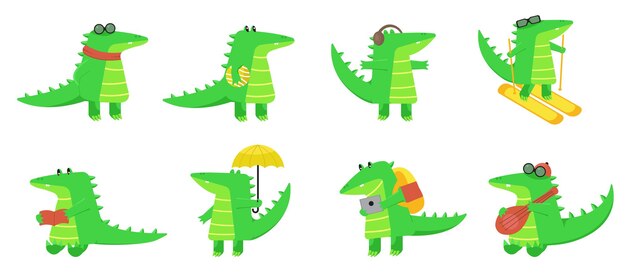 Conjunto de animales con varios personajes de dibujos animados de actividades Diseño gráfico para banner, viajes de publicidad adhesiva con tema de cocodrilo Ilustración vectorial