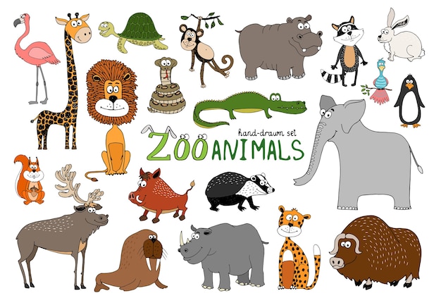 Conjunto de animales del zoológico dibujados a mano en blanco
