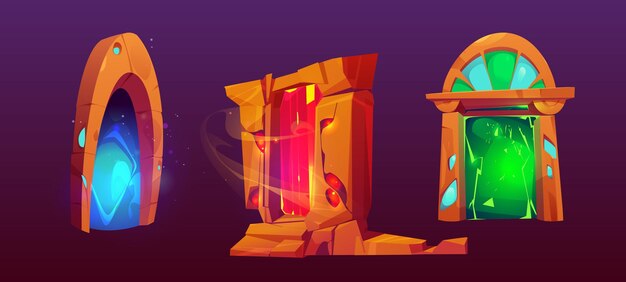 Conjunto de antiguos portales de piedra con luz mágica aislada en el fondo Ilustración de dibujos animados vectoriales de puertas de arco que brillan con colores de neón que conducen a un fantástico mundo de aventuras Elementos de diseño de la interfaz de usuario del juego