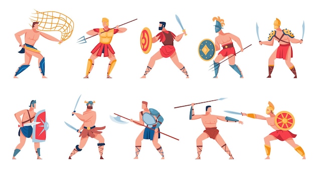 Vector gratuito conjunto de antiguos soldados romanos. ilustración plana