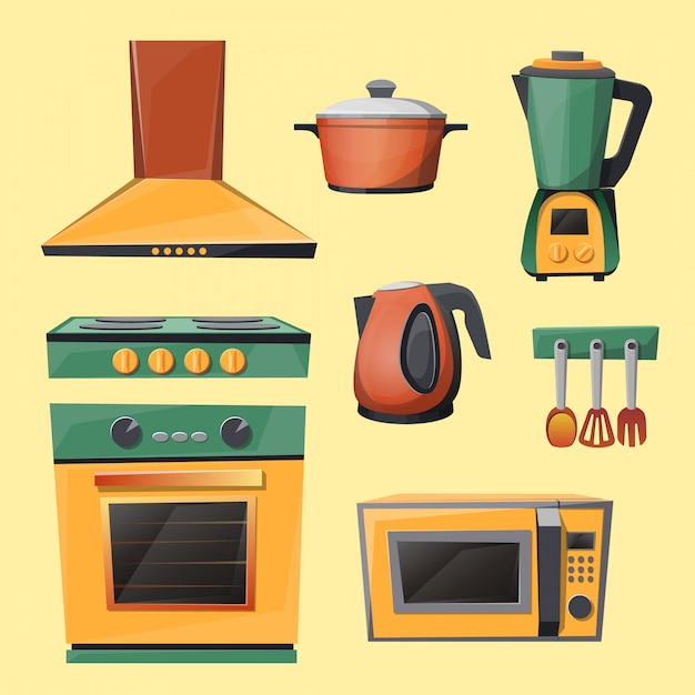 Conjunto de aparatos de cocina - horno microondas, hervidor de agua, licuadora, batidora, cocina