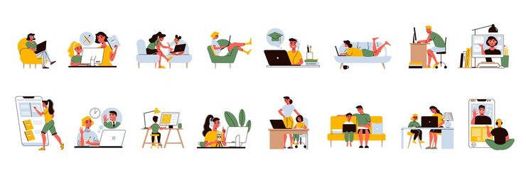 Vector gratuito conjunto de aprendizaje a distancia de íconos aislados con personas en lugares de trabajo en el hogar y aparatos electrónicos con tutores ilustración vectorial