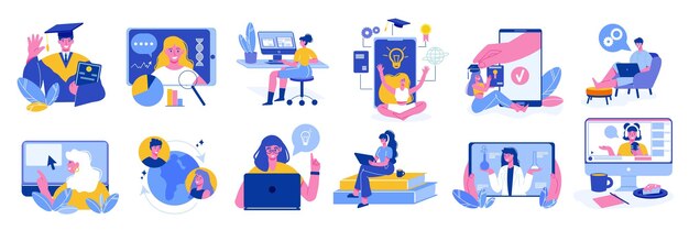 Conjunto de aprendizaje de educación en línea de iconos y personajes aislados de profesores y tutores con imágenes de computadora ilustración vectorial