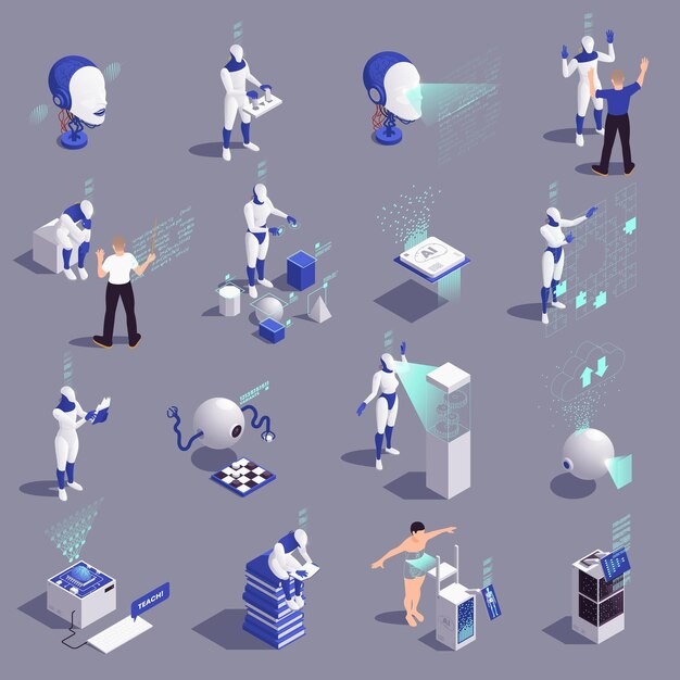 Conjunto de aprendizaje profundo de aprendizaje automático con iconos isométricos de computadoras de gadgets y personajes humanos que enseñan ilustraciones vectoriales de cyborgs