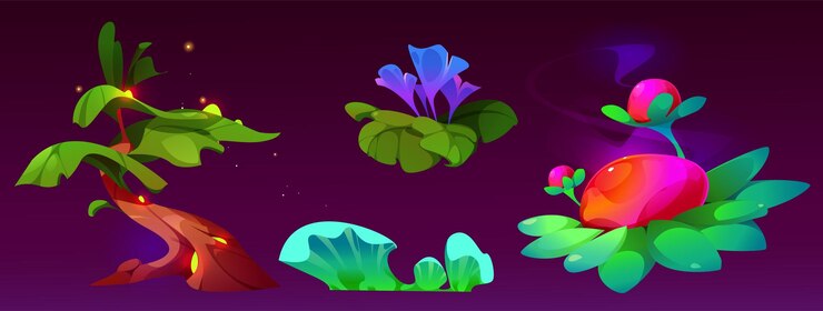 Vector gratuito conjunto de árbol mágico y flores aisladas en fondo oscuro ilustración de dibujos animados vectoriales de plantas de cuento de hadas de color neón fantástico jardín tropical flora setas y luciérnagas naturaleza planeta alienígena