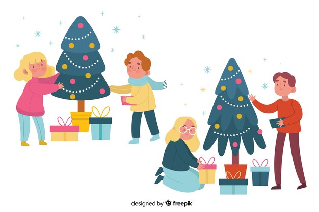 Conjunto de árbol de Navidad decorando personas