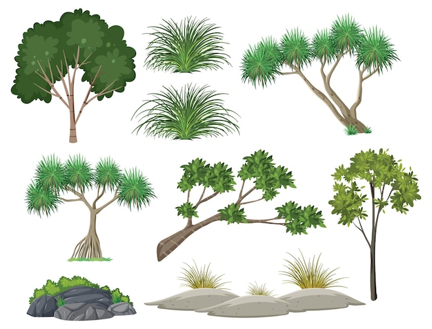 Vector gratuito conjunto de árboles aislados y objetos de la naturaleza.