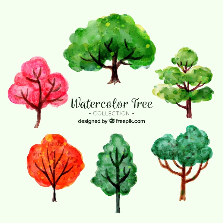 Vector gratuito conjunto de árboles en estilo acuarela