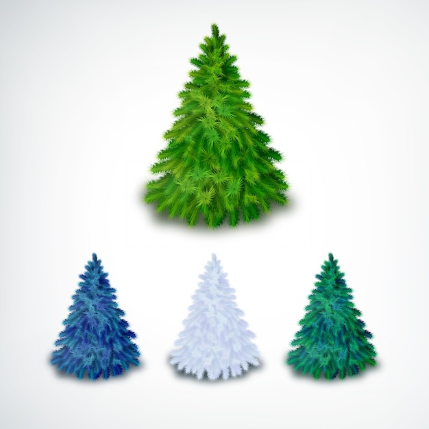 Conjunto de árboles de Navidad de coníferas realistas de diferentes colores en blanco