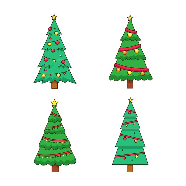 Conjunto de árboles de navidad dibujados con adornos