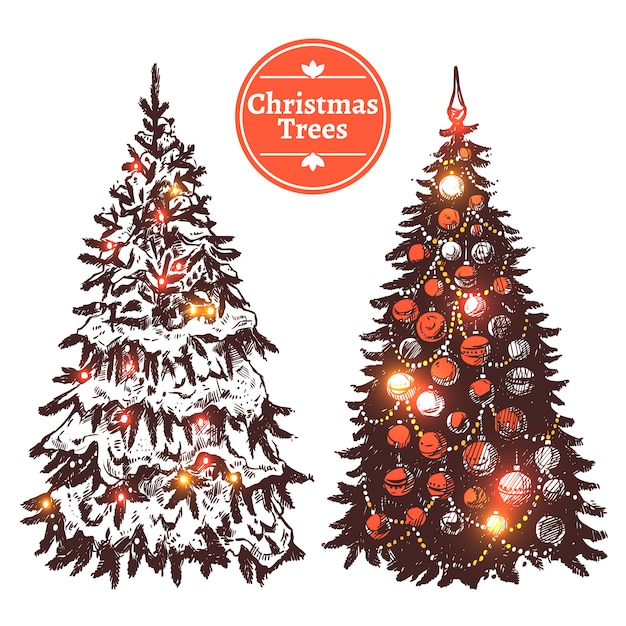 Conjunto de árboles de Navidad dibujados a mano