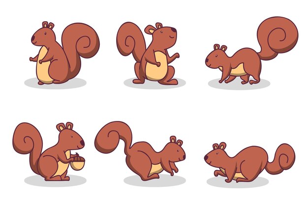 Conjunto de ardillas lindas con varias poses y vectores de dibujos animados de emociones
