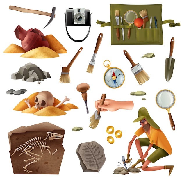 Conjunto de arqueología de imágenes de elementos aislados de artefactos de excavación de equipos de excavación con carácter humano de estilo doodle