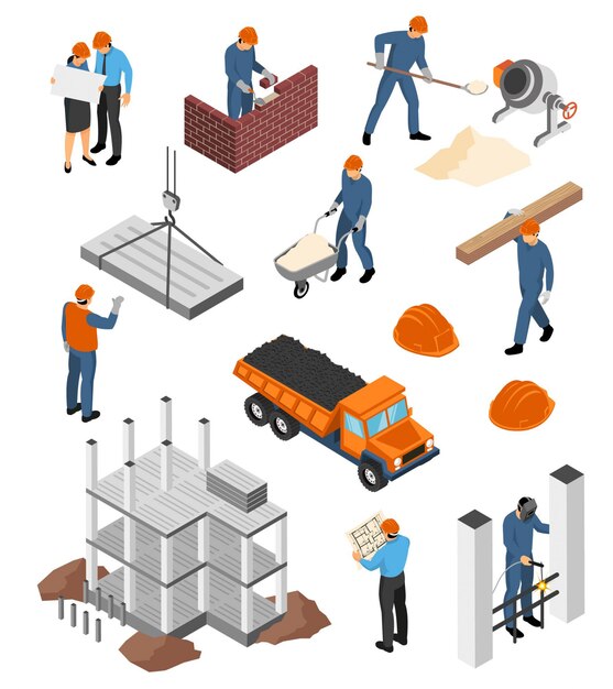 Conjunto de arquitectos de iconos isométricos con planos y constructores en el trabajo con materiales de construcción aislados