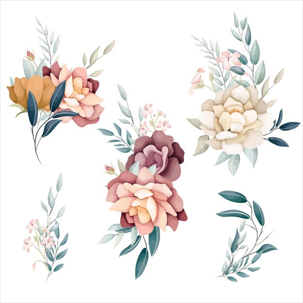 conjunto de arreglos florales flores y hojas ilustración floral para la colección de etiquetas