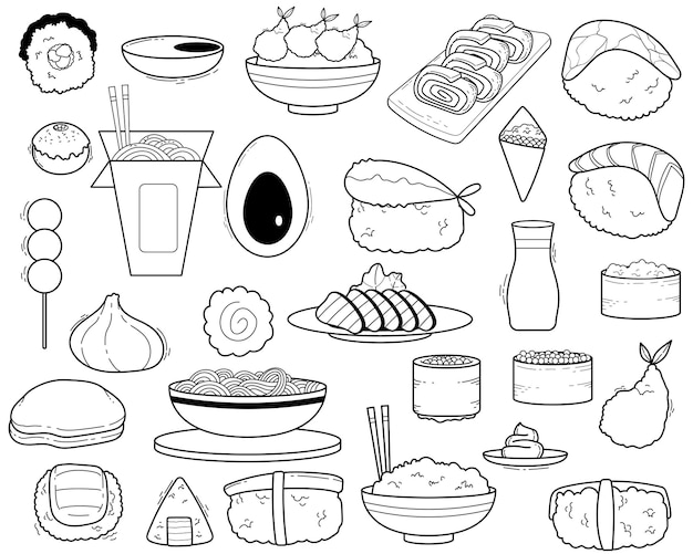 Vector gratuito conjunto de arte de línea de comida japonesa describe la colección de comida japonesa