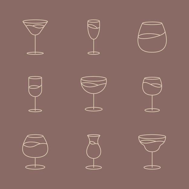 Conjunto de arte de línea gráfica de vidrio de brandy mínimo