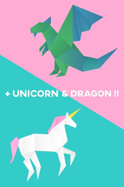 Conjunto de artesanía de papel vectorial de origami de animales míticos
