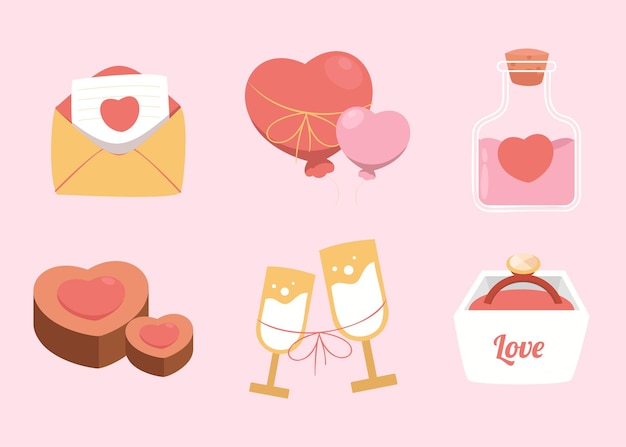 Conjunto de artículos para el amante en el concepto de día de san valentín elemento de amor dibujo ilustración de vector de diseño plano de estilo de dibujos animados