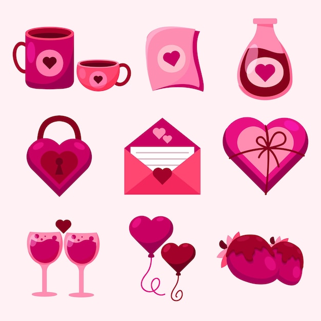 Conjunto de artículos para el amante en el concepto de día de san valentín elemento de amor dibujo ilustración de vector de diseño plano de estilo de dibujos animados